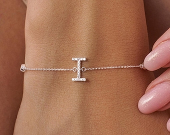 Pulsera con inicial de diamantes en oro macizo de 14 quilates, pulsera con letra personalizada, pulsera con letra engastada con diamantes, regalo de joyería fina personalizada para mujer.