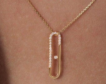 Diamond Paper Clip Necklace, 14K Solid Gold Rectangle Pendant, Diamond Paper Clip Charm Necklace, Charm Enhancer Paperclip Necklace