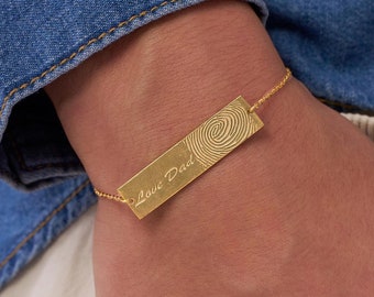 Gouden handgeschreven armband, massief 14 kt gouden armband met vingerafdruk, handschrift goudstaafarmband, gegraveerde staafbedel, aangepaste staafarmband