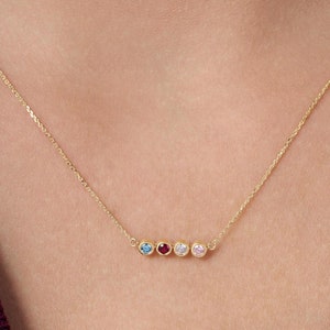 14K Solid Gold Family Birthstone Necklace, Birthstone Gift, Round Cut Natural Diamond Necklace, Bezel Set Gold Gemstone Necklace