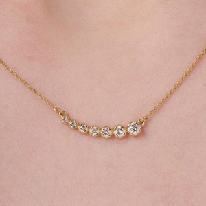 Bar Necklace, 14K Solid Gold Diamond Curved Necklace, Gold Curved Bar Necklace, Graduating Diamond Charm, Bride Jewelry For Wedding Day