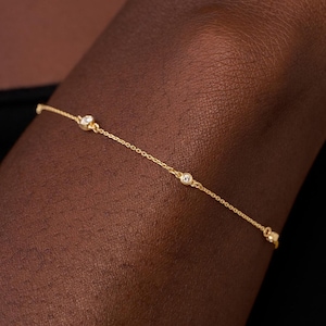 Diamond Solitaire Bracelet, Natural Brilliant Cut Bezel Set Diamond Bracelet, 14k Gold Diamond by the Yard Bracelet, Gift for Her