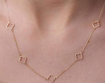 14k Gold Diamond Clover Necklace, Open Four Leaf Lucky Clover Charm Necklace, Clover Station Necklace, Dainty Diamond Necklace