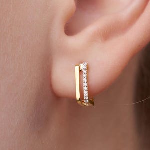 Square Huggie Earrings, 14K Solid Gold Huggie Double Row Earrings, Natural Diamond Hoop Earrings, Huggie Row Earrings, Dainty Earrings