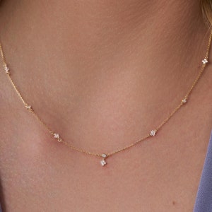 Diamond Spike Station Necklace, 14k Gold Diamond Station Necklace, Dainty Round Diamond Necklace, Bezel Setting Choker Necklace