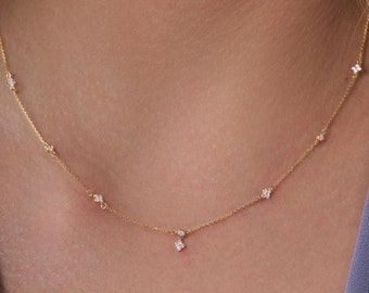 Halsband med diamantspik, Halsband med diamanter i 14 karat guld, Elegant runt diamanthalsband, Chokerhalsband med bezelinfattning
