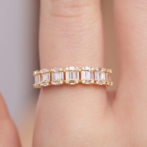Baguette Diamond Ring, 14k Gold Half Eternity Band, Baguette And Round Diamond Stackable Ring, Diamond Anniversary Band