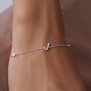 14K Gold Initial Bracelet, Diamond Initial Bracelet, Diamond Charm, 14K Solid Gold Initial Jewelry, J Letter Bracelet, Personalized Gift