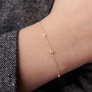 Green Emerald Station Bracelet, Diamond By the Yard Bracelet, Solid 14K Gold Station Bracelet, Round Natural Diamond Bracelet, Birthday Gift