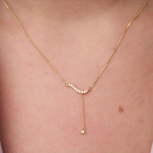 Diamond Curved Bar Necklace, Solid 14K Gold Drop Necklace, Dainty Y-Shaped Pendant, Round Natural Diamond Drop Necklace, Lariat Necklace