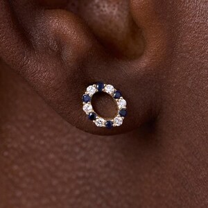 Round Cut Sapphire Wreath Earrings, 14K Gold Diamond Earrings, Wreath Diamond Earrings, Dainty Blue Sapphire Alternating Diamond Earrings