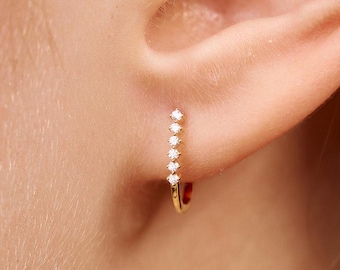 Diamond Huggie Earrings, 14K Solid Gold Huggie Row Earrings, Natural Diamond Hoop Earrings, Huggie Row Earrings, Dainty Earrings For Her