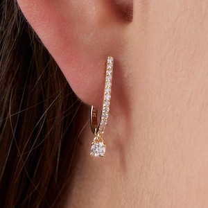 Dangle Hoop Earring, 14k Solid Gold Diamond Huggie Earrings, Natural Diamond Dangle Drop Earrings, Diamond Hoop Earrings for Women