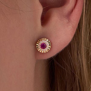 14K Solid Gold Ruby Earrings, Ruby Gold Halo Earrings, Ruby Stud Earrings, Round Diamond Ruby Earrings, Ruby Studs, Halo Diamond Earrings
