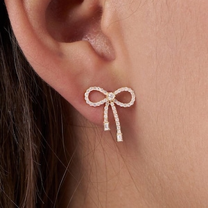 Baguette & Round Diamond Bow Earrings, 14K Gold Pave Diamond Stud Earrings, Ribbon Bow Style Stud Earrings, Wedding Gift