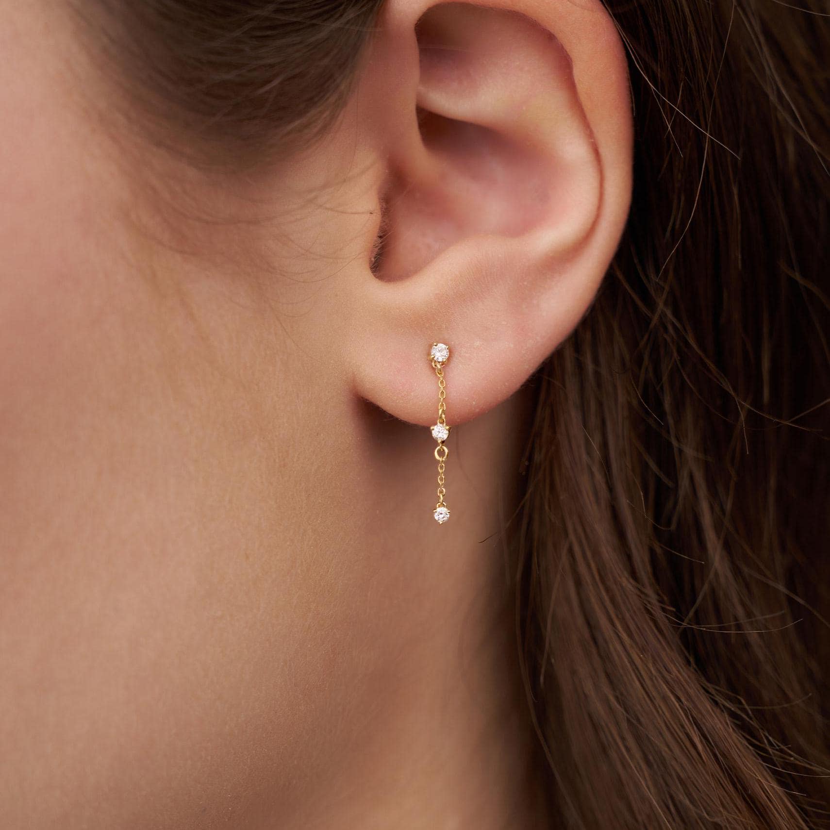Diamond Station Drop Earrings, Round Natural Diamond Earrings, Solid 14K Gold Earrings, By Yard Drop Chain Earrings, Bridesmaid Gift