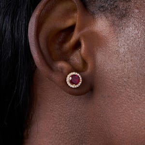 Ruby Red Earrings, Round Ruby Gemstone Earrings, Halo Diamond Stud Earrings, Solid 14K Gold Cluster Stud Earrings, Perfect Gift For Her