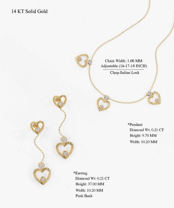 14K Solid Yellow Gold Heart Jewelry Set, Round Natural  display picture 1