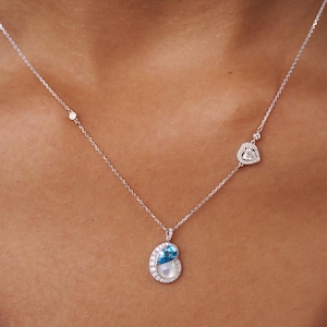 Pear Cut Blue Topaz Gemstone Necklace, Solid 14K Gold Station Necklace, Heart Natural Diamond Necklace, Diamond Heart Necklace