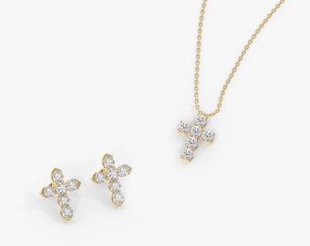 Cross Diamond Jewelry Set, Solid 14K Gold Jewelry Set, Natural Diamond Cross Necklace, Earrings & Ring, Minimalist Jewelry Set For Her