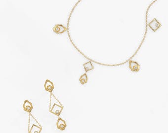 Gold Geometric Statement Jewelry Set, Dangle Earrings & Pendant Necklace, Natural Diamond Jewelry, Party or Festive 14K Gold Jewelry Set