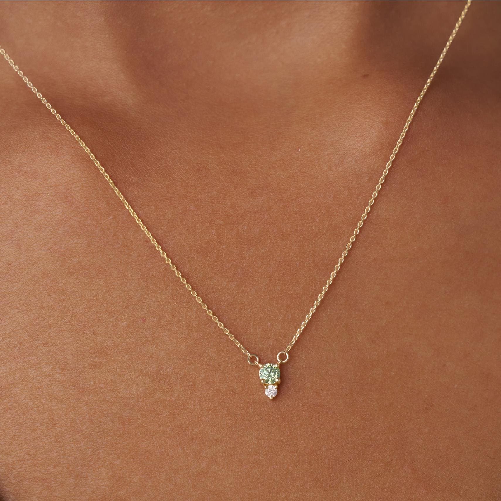 Two Stone Birthstone Necklace, Round Natural Diamond Necklace