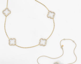 14K Solid Gold Clover Diamond Necklace, Pave Diamond Clover Pendant, Dainty Gold Necklace, Minimalist Fine Jewelry Gift for Her