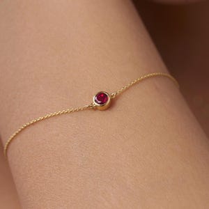 Diamond Bracelet, Round Red Diamond Chain Bracelet, Delicate Chain Bracelet, Bezel Diamond Bracelet, 14k Solid Gold Birthday Bracelet