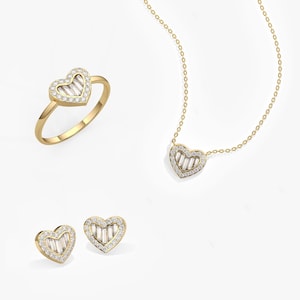 Heart Shape Diamond Jewelry Set, Solid 14K Gold Pendant Set, Stud Earrings, Natural Diamond Jewelry Sets, Heart Halo Diamond Pendant Set
