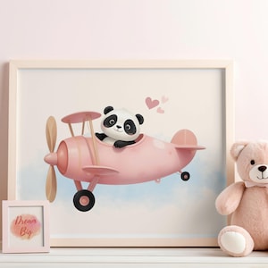 Flying Panda Poster, Cute Panda in a Pink Toy Airplane , Pastel Colors, Kids Room, Nursery Decor, Playroom Wall Decor, Toddler Wall Art
