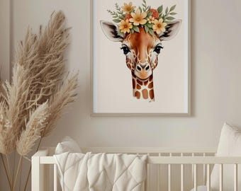 Póster de jirafa estilo bohemio: Decoración floral para la pared de la habitación infantil.