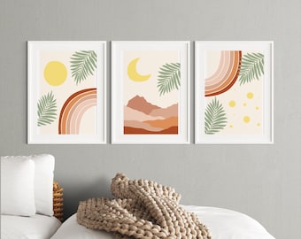 Pósteres bohemios para guardería: Láminas artísticas de sol, luna y arcoíris (descarga digital)
