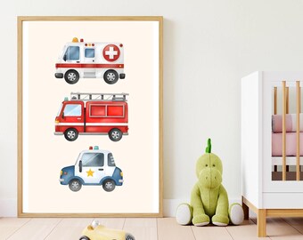 Póster de vehículos de emergencia en acuarela: Arte mural para sala de juegos infantil (descarga digital)