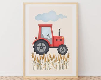 Póster de vivero de tractores: Tractor rojo en un campo dorado (descarga digital)