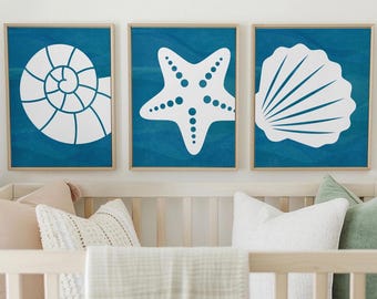 Póster de conchas marinas para habitación infantil: Arte mural costero bohemio (descarga digital)