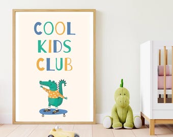 Impresión de patineta de cocodrilo, club infantil, arte para sala de juegos (descarga digital)