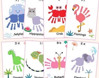 May include: A collection of eight rectangular cards titled ANIMAL ALPHABET A-Z, each featuring a handprint-style animal illustration. Animals include a blue jellyfish, gray hippopotamus, red crab, pink flamingo, green dinosaur, green iguana, pink butterfly, and gray elephant.