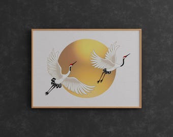 Lámina artística de grulla japonesa: Decoración infantil con sol dorado