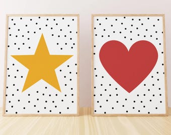 Pósteres infantiles de corazones y estrellas: Arte mural moderno de lunares (descarga digital)