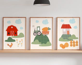 Láminas de guardería de estilo rústico: Granero, Tractor, Casa de Campo - Juego de 3 (Descarga digital)