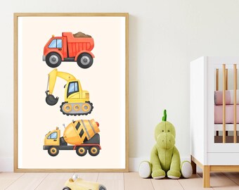Póster de vehículos de construcción en acuarela: Decoración infantil (Descarga digital)