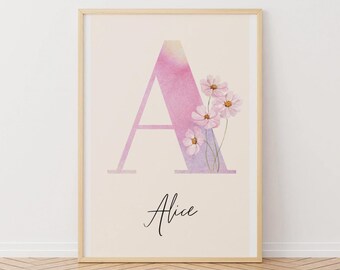 Impresión de letras florales personalizadas en acuarela: Decoración para habitación de niña (Descarga digital)