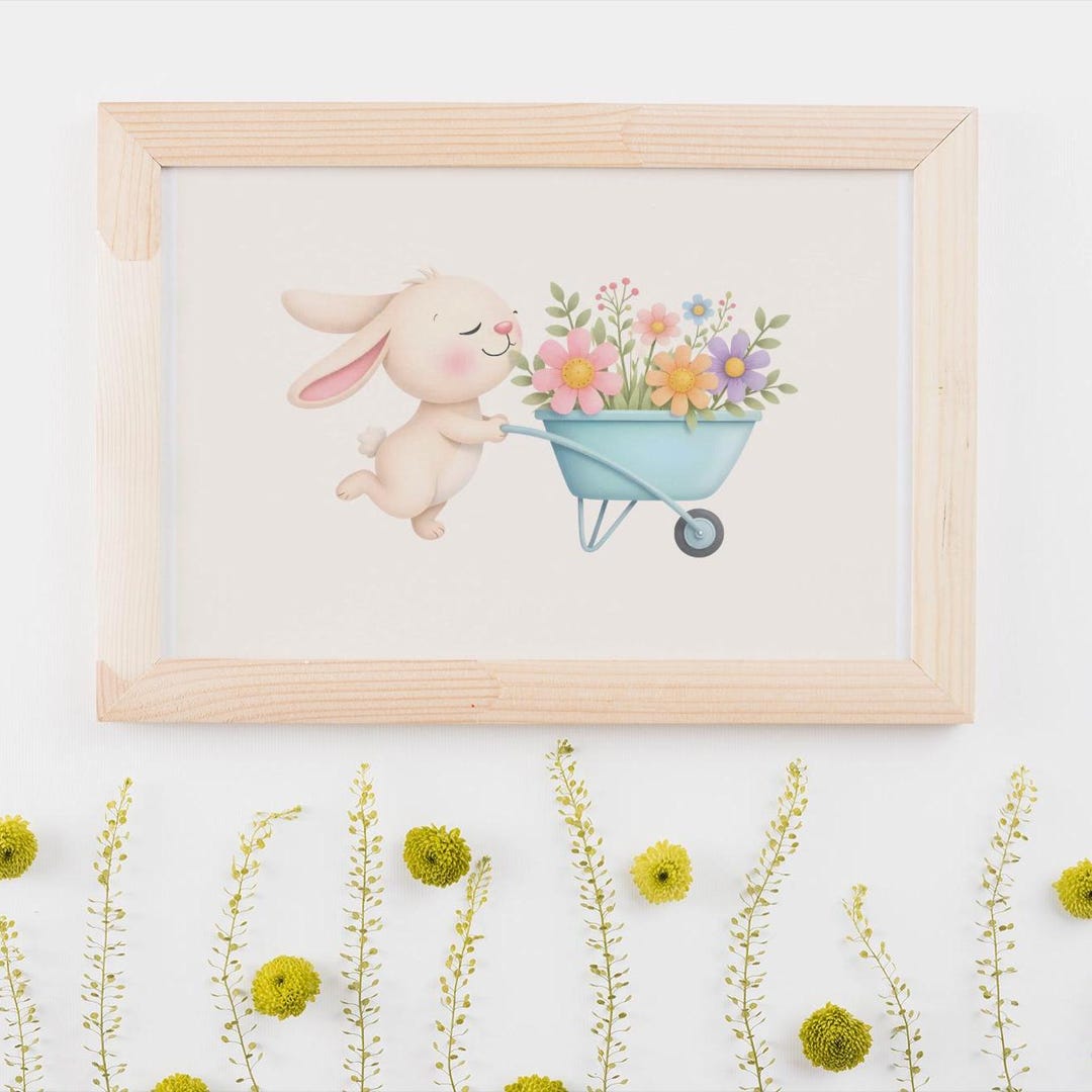 Cute Spring Bunny Poster, Bunny With Wheelbarrow, Flowers, Pastel ...