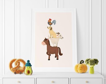 Póster de animales de granja apilados: Arte mural divertido para habitación infantil (descarga digital)