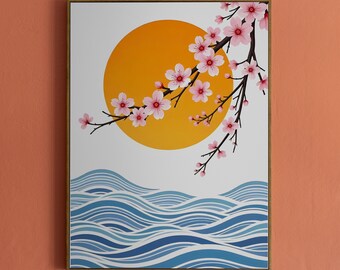 Póster de arte mural Japandi: Sol, olas y flores de cerezo