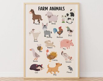 Póster de animales de granja: Decoración educativa para guardería (Descarga digital)