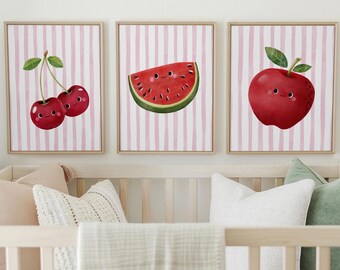 Arte infantil de frutas: impresiones de cerezas, manzanas y sandías (descarga digital)