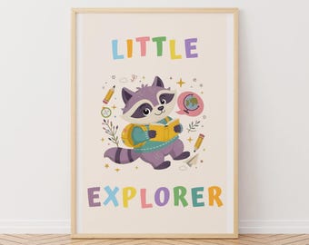 Póster de la aventura del mapache, decoración para la habitación infantil, arte de pared para la sala de juegos de los niños.