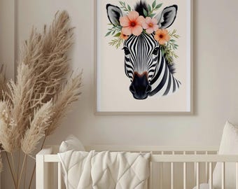 Póster de cebra bohemia con flores: Decoración de pared para habitación infantil