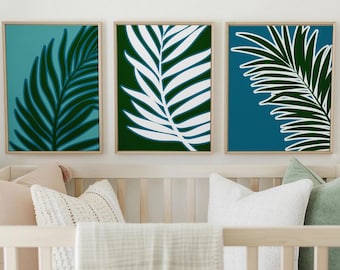 Conjunto de impresiones minimalistas de hojas de palmera: Arte mural tropical turquesa verde (descarga digital)